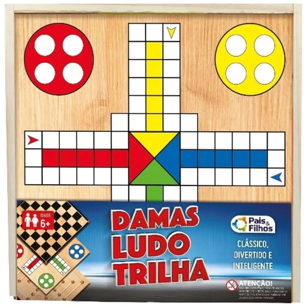 Jogos clássicos em tabuleiro de madeira 3 em 1 - Damas, Ludo e Trilha
