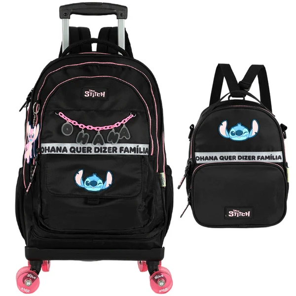 KIT MOCHILA CARRINHO 360° E LANCHEIRA TÉRMICA STITCH LUXCEL - PRETO