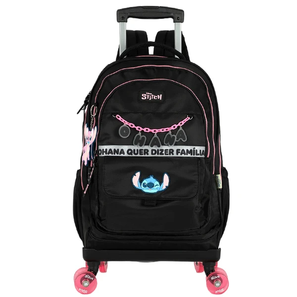 KIT MOCHILA CARRINHO 360° E LANCHEIRA TÉRMICA STITCH LUXCEL - PRETO