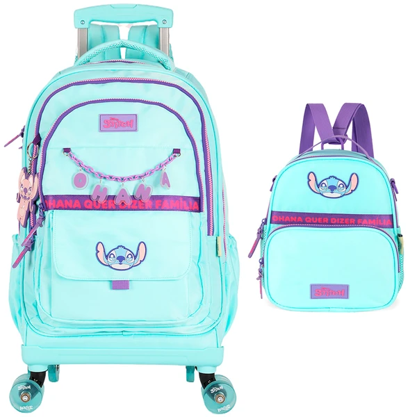 KIT MOCHILA CARRINHO 360° E LANCHEIRA TÉRMICA STITCH LUXCEL - TURQUESA