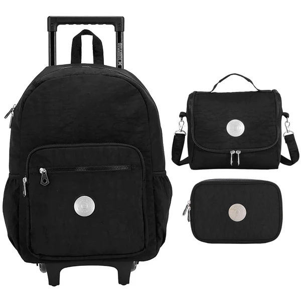 KIT MOCHILA DE RODINHA 17", LANCHEIRA E ESTOJO BOX TRENDY PRETO
