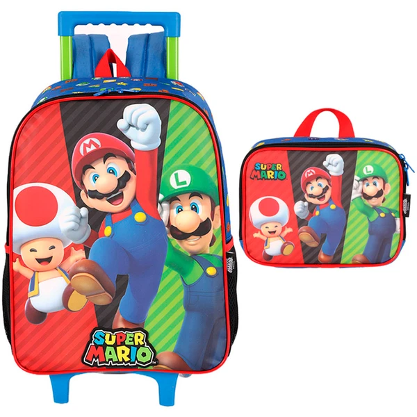 KIT MOCHILA DE RODINHA E LANCHEIRA TÉRMICA SUPER MARIO BROS AZUL