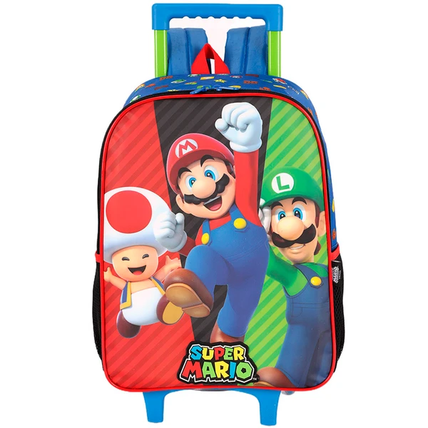 KIT MOCHILA DE RODINHA E LANCHEIRA TÉRMICA SUPER MARIO BROS AZUL
