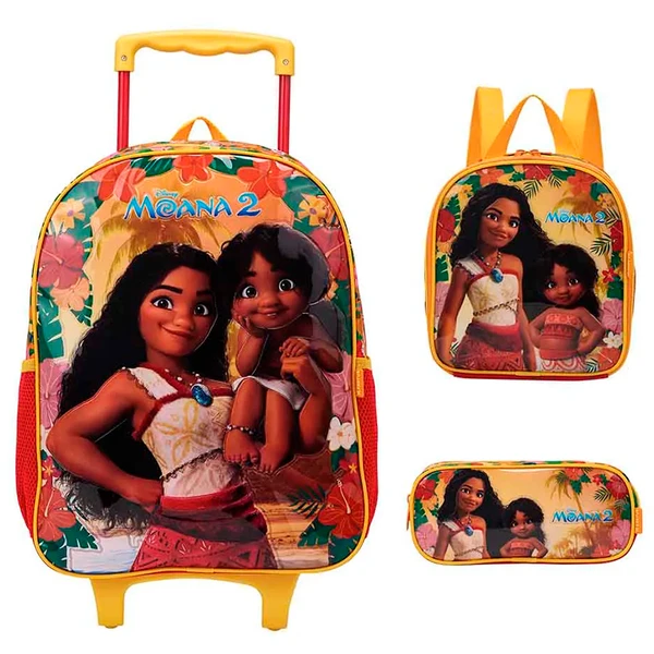 KIT MOCHILA carrinho infantil 16", lancheira térmica e estojo escolar Moana