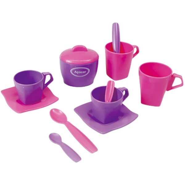 Kit Café com açucareiro, colheres, xícaras e pires de brinquedo