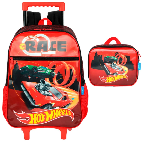 Kit Mochila Carrinho e Lancheira Hot Wheels Vermelho Let's Race com Rodinhas