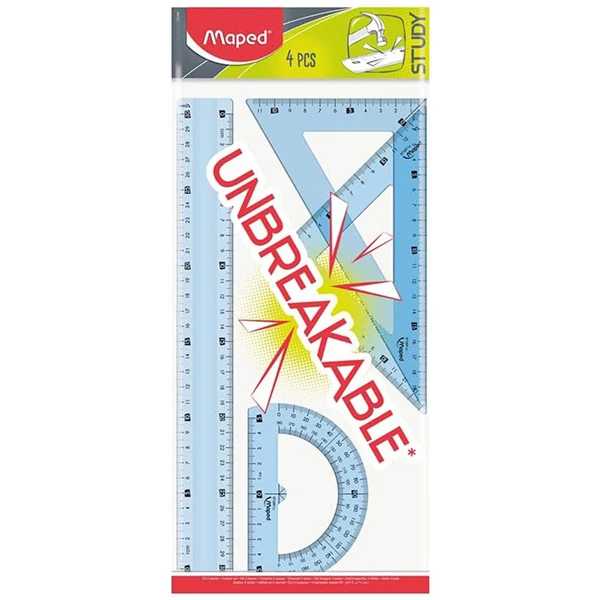 Kit geométrico escolar flexível com régua, esquadro e transferidor Unbreakable Maped 4 peças