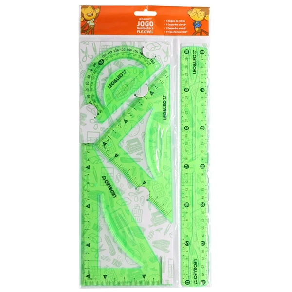 Kit geométrico escolar flexível com régua, esquadros e transferidor Leo&amp;Leo 4 peças