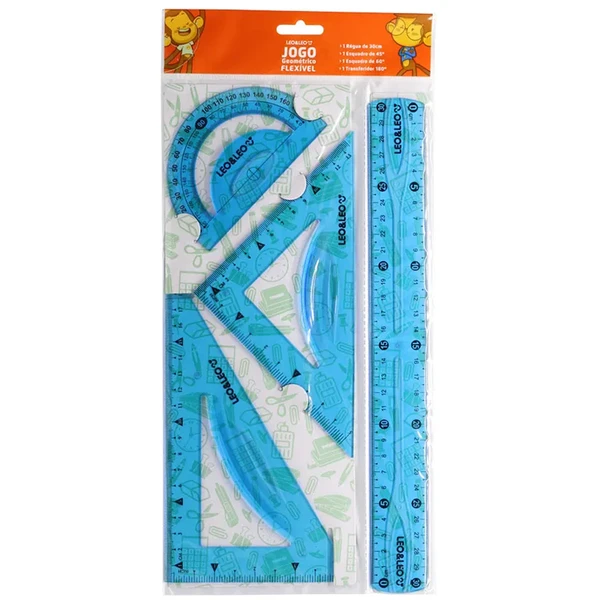 Kit geométrico escolar flexível com régua, esquadros e transferidor Leo&amp;Leo 4 peças