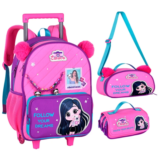 Kit mochila carrinho 16" com orelhinhas de pompom, lancheira térmica 9" e estojo escolar Follow Your Dreams Luluca