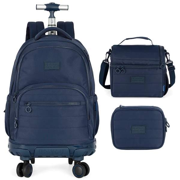 Kit mochila carrinho 2 em 1 360°, lancheira térmica e estojo escolar box azul Up4You