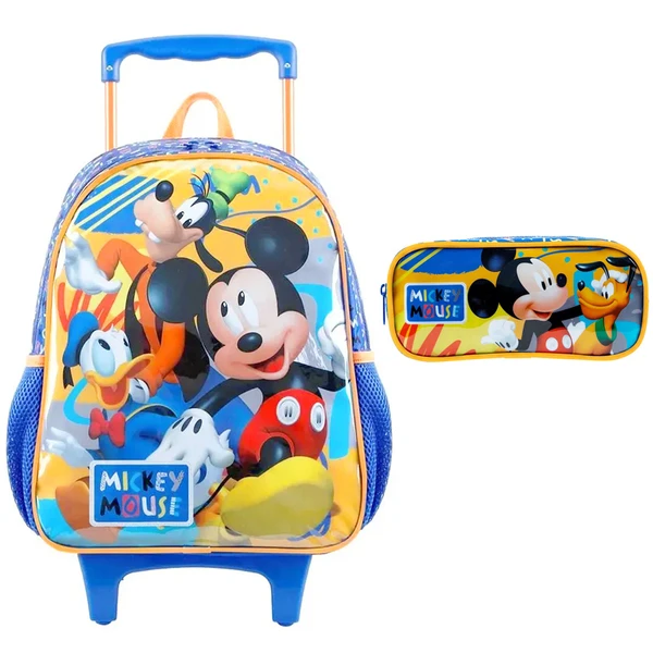 Kit mochila carrinho infantil 16" e estojo escolar Mickey X1 Disney