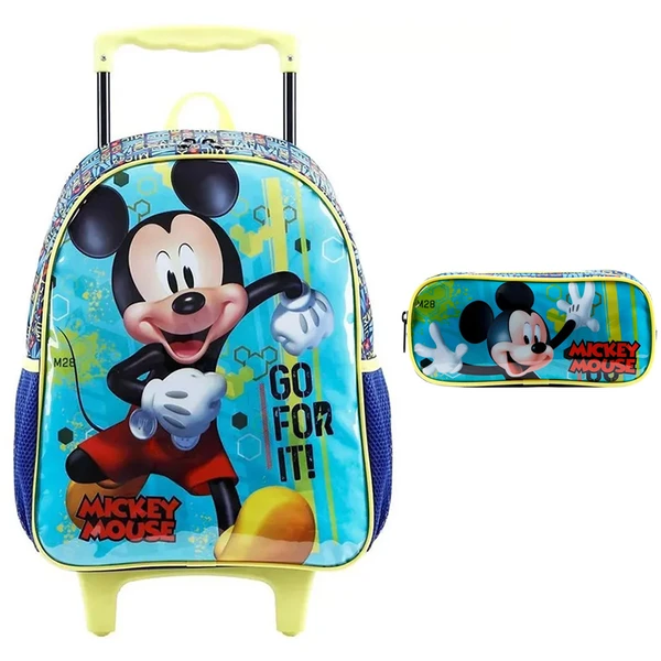 Kit mochila carrinho infantil 16" e estojo escolar Mickey X2 Disney