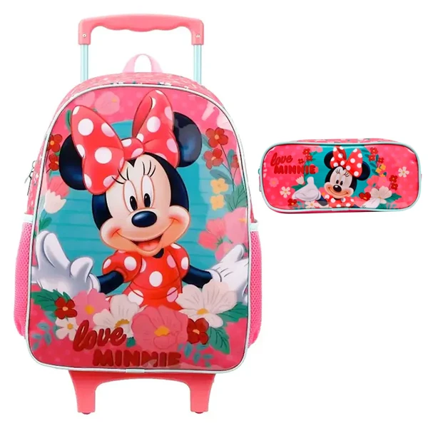 Kit mochila carrinho infantil 16" e estojo escolar Minnie X2 Disney