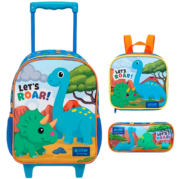 Kit mochila carrinho infantil 16", lancheira térmica e estojo escolar Dino Let's Roar Xeryus