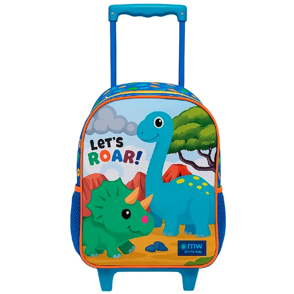 Kit mochila carrinho infantil 16", lancheira térmica e estojo escolar Dino Let's Roar Xeryus