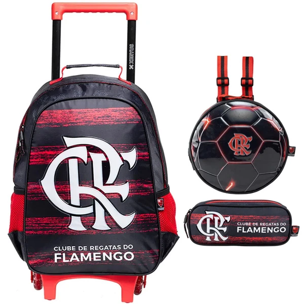 Kit mochila carrinho infantil 16", lancheira térmica e estojo escolar Flamengo R Xeryus