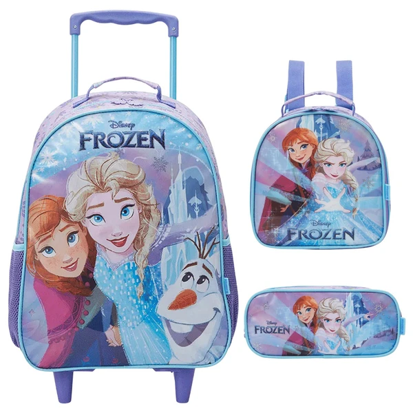 Kit mochila carrinho infantil 16", lancheira térmica e estojo escolar Frozen X1 Disney