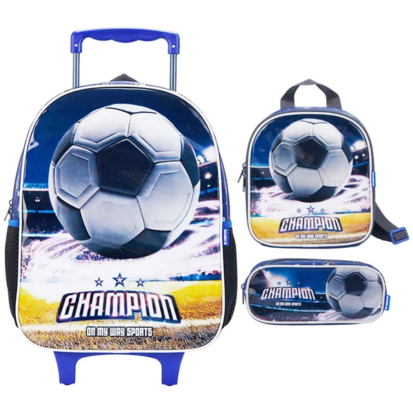 Kit mochila carrinho infantil 16", lancheira térmica e estojo escolar Futebol Champion Xeryus
