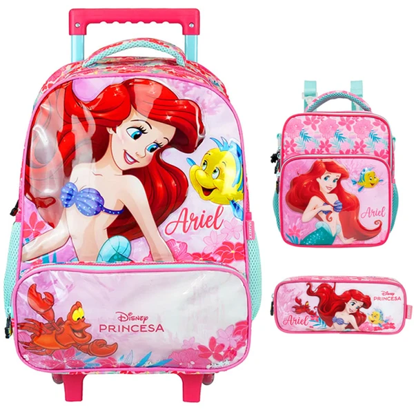 Kit mochila carrinho infantil 2 em 1 16", lancheira térmica e estojo escolar Ariel Y Disney Xeryus