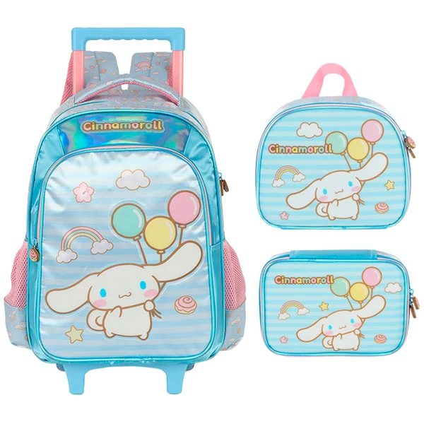 Kit mochila carrinho infantil 2 em 1 16", lancheira térmica e estojo escolar box azul acetinado Cinnamoroll Sanrio Luxcel