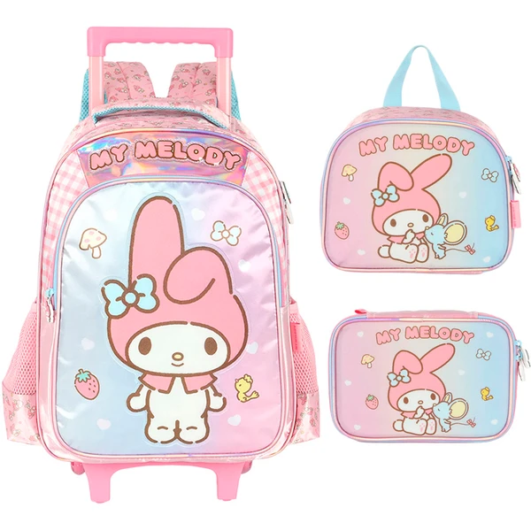 Kit mochila carrinho infantil 2 em 1 16", lancheira térmica e estojo escolar box rosa acetinado My Melody Sanrio Luxcel