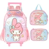 Kit mochila carrinho infantil 2 em 1 16", lancheira térmica e estojo escolar box rosa acetinado My Melody Sanrio Luxcel