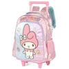 Kit mochila carrinho infantil 2 em 1 16", lancheira térmica e estojo escolar box rosa acetinado My Melody Sanrio Luxcel