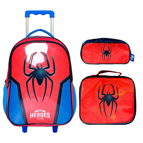 Kit mochila carrinho infantil 2 em 1 17", lancheira térmica e estojo escolar Heroes Spidermax Yins