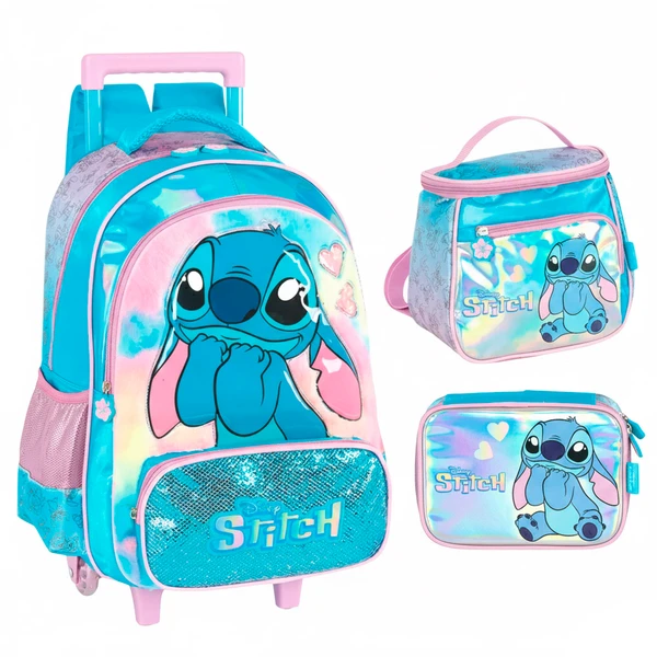 Kit mochila carrinho infantil 2 em 1 17", lancheira térmica e estojo escolar box em material acetinado e holográfico Stitch Disney Luxcel - azul