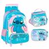 Kit mochila carrinho infantil 2 em 1 17", lancheira térmica e estojo escolar box em material acetinado e holográfico Stitch Disney Luxcel - azul