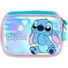 Kit mochila carrinho infantil 2 em 1 17", lancheira térmica e estojo escolar box em material acetinado e holográfico Stitch Disney Luxcel - azul