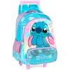 Kit mochila carrinho infantil 2 em 1 17", lancheira térmica e estojo escolar box em material acetinado e holográfico Stitch Disney Luxcel - azul