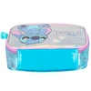 Kit mochila carrinho infantil 2 em 1 17", lancheira térmica e estojo escolar box em material acetinado e holográfico Stitch Disney Luxcel - azul
