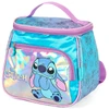 Kit mochila carrinho infantil 2 em 1 17", lancheira térmica e estojo escolar box em material acetinado e holográfico Stitch Disney Luxcel - azul