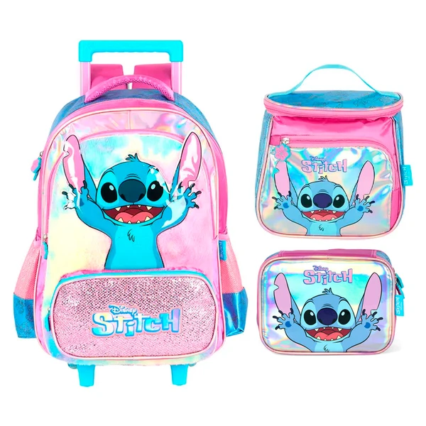Kit mochila carrinho infantil 2 em 1 17", lancheira térmica e estojo escolar box em material acetinado e holográfico Stitch Disney Luxcel - roxo