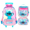Kit mochila carrinho infantil 2 em 1 17", lancheira térmica e estojo escolar box em material acetinado e holográfico Stitch Disney Luxcel - roxo