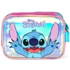 Kit mochila carrinho infantil 2 em 1 17", lancheira térmica e estojo escolar box em material acetinado e holográfico Stitch Disney Luxcel - roxo