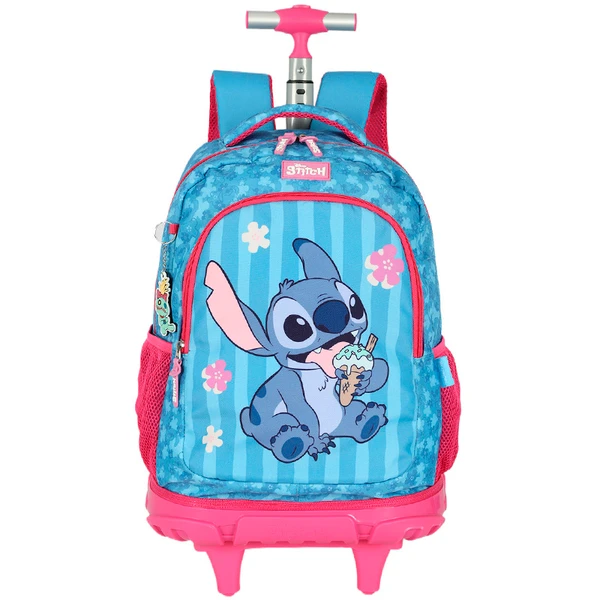 Kit mochila carrinho infantil 2 em 1 18" e lancheira térmica pink com chaveiro emborrachado Stitch Disney Up4You