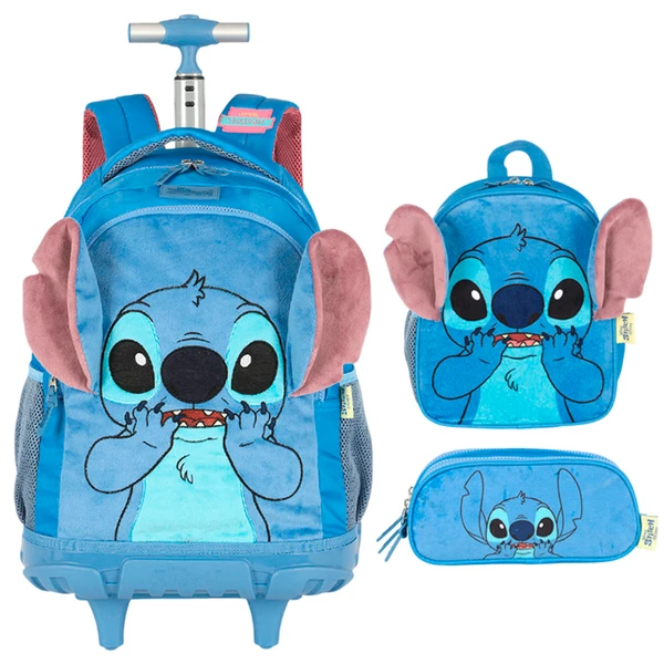 Kit mochila carrinho infantil 2 em 1 18", lancheira térmica e estojo escolar Stitch Disney Luxcel - azul