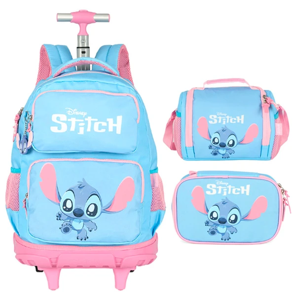 Kit mochila carrinho infantil 2 em 1 18", lancheira térmica e estojo escolar box azul Stitch Disney Luxcel
