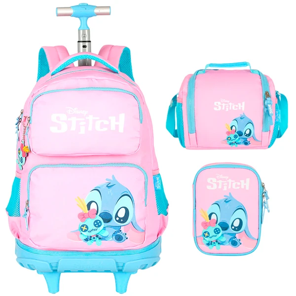 Kit mochila carrinho infantil 2 em 1 18", lancheira térmica e estojo escolar box rosa Stitch Disney Luxcel