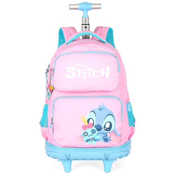 Kit mochila carrinho infantil 2 em 1 18", lancheira térmica e estojo escolar box rosa Stitch Disney Luxcel