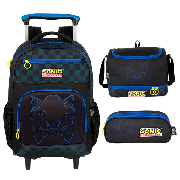 Kit mochila carrinho infantil 2 em 1 18", lancheira térmica e estojo escolar preto Sonic The Hedgehog SEGA Luxcel