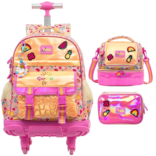 Kit mochila carrinho infantil 2 em 1 360° 17", lancheira térmica e estojo escolar Tween Summer Girl Xeryus