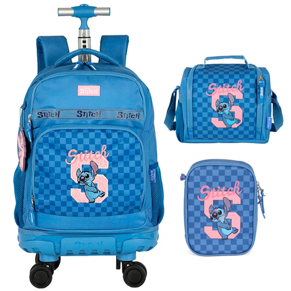 Kit mochila carrinho infantil 2 em 1 360° 18", lancheira térmica e estojo escolar box azul Stitch Disney Luxcel