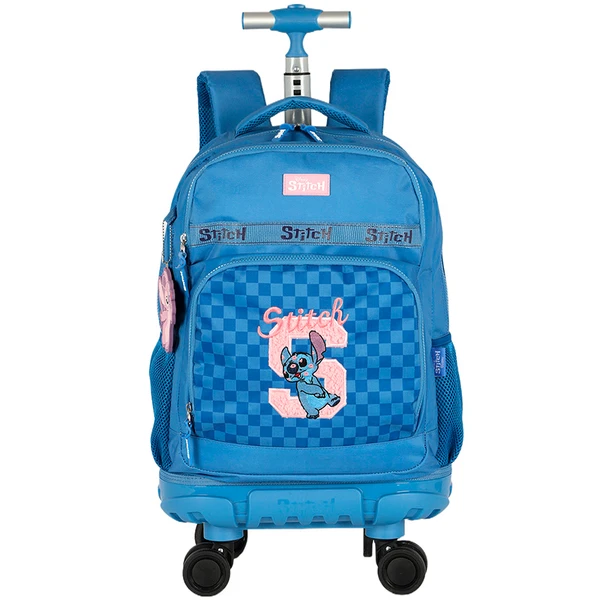 Kit mochila carrinho infantil 2 em 1 360° 18", lancheira térmica e estojo escolar box azul Stitch Disney Luxcel