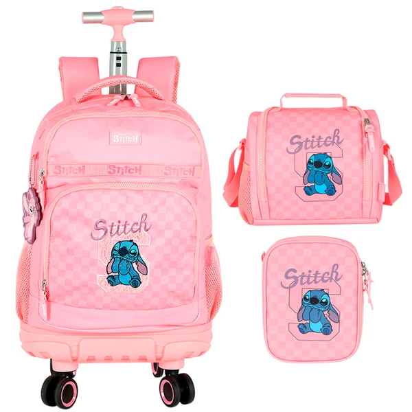 Kit mochila carrinho infantil 2 em 1 360° 18", lancheira térmica e estojo escolar box rosa Stitch Disney Luxcel