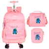 Kit mochila carrinho infantil 2 em 1 360° 18", lancheira térmica e estojo escolar box rosa Stitch Disney Luxcel