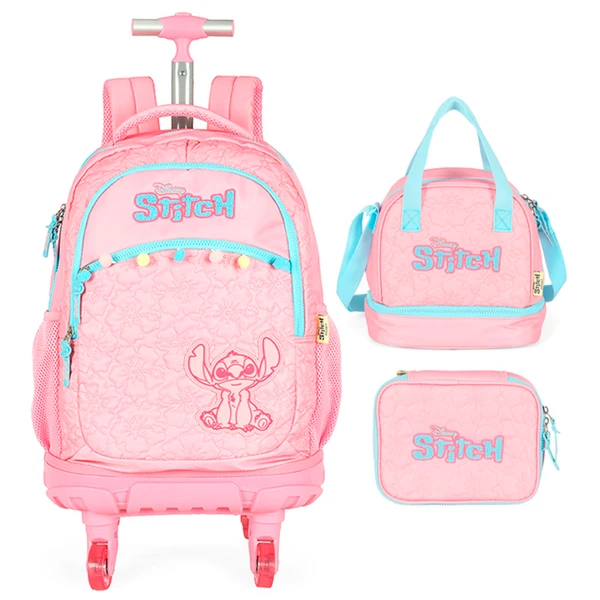 Kit mochila carrinho infantil 2 em 1 com rodinhas de skate 360°, lancheira térmica e estojo escolar box Stitch Disney Luxcel - rosa